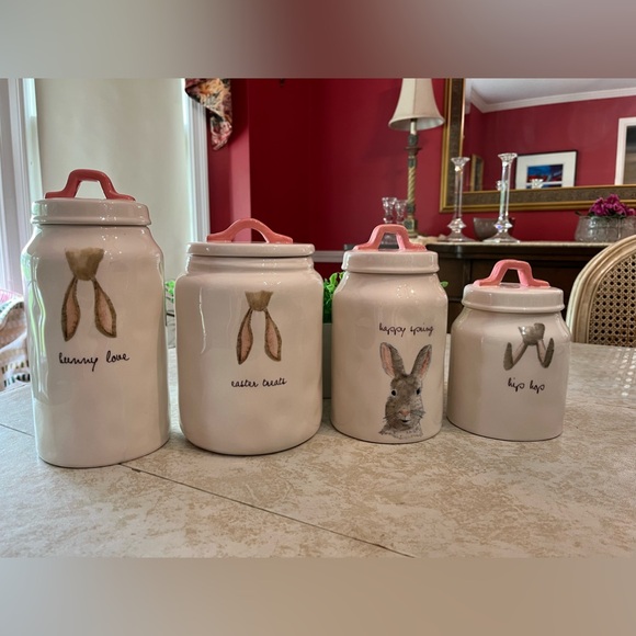 Rae Dunn 8.5” HAPPY SPRING Canister Magenta Pink Handle Bunny Rabbit 2017 - Picture 9 of 12